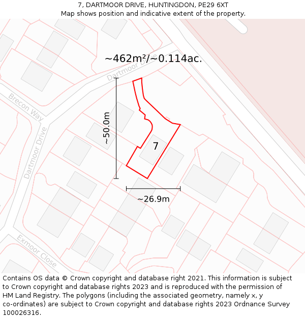 7, DARTMOOR DRIVE, HUNTINGDON, PE29 6XT: Plot and title map