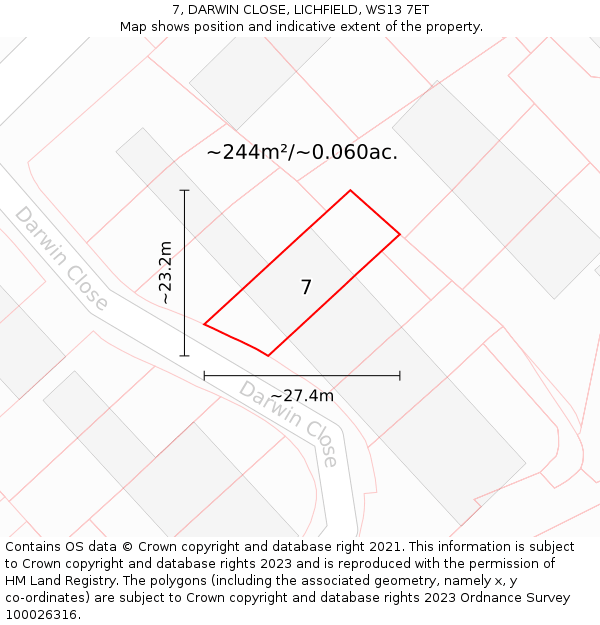 7, DARWIN CLOSE, LICHFIELD, WS13 7ET: Plot and title map