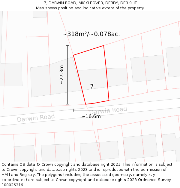 7, DARWIN ROAD, MICKLEOVER, DERBY, DE3 9HT: Plot and title map