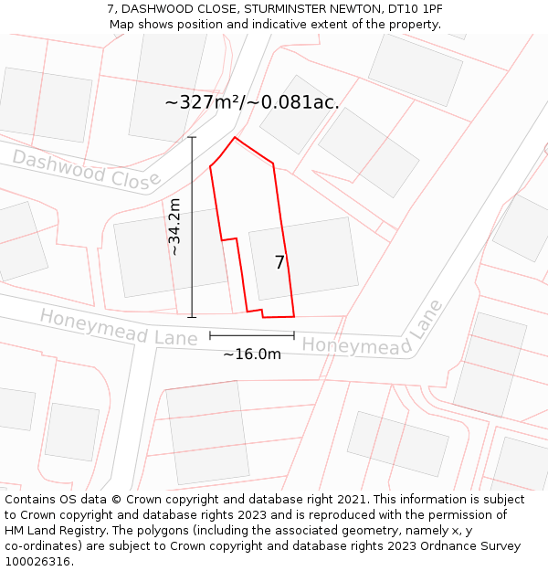 7, DASHWOOD CLOSE, STURMINSTER NEWTON, DT10 1PF: Plot and title map