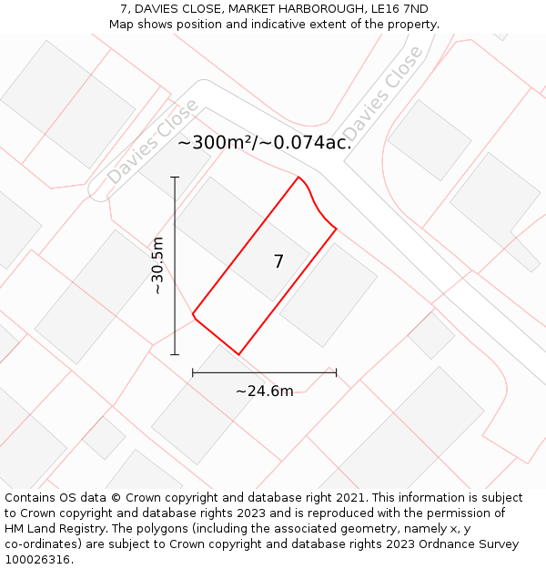 7, DAVIES CLOSE, MARKET HARBOROUGH, LE16 7ND: Plot and title map