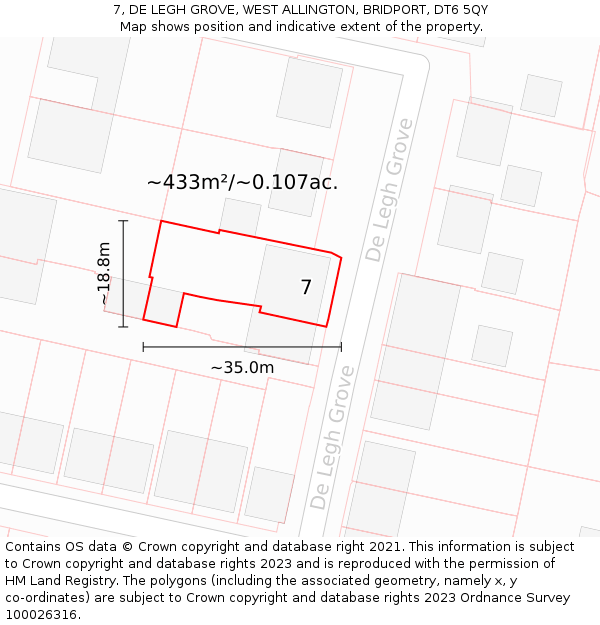 7, DE LEGH GROVE, WEST ALLINGTON, BRIDPORT, DT6 5QY: Plot and title map