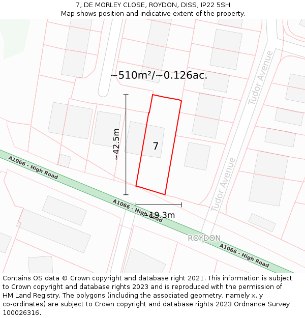7, DE MORLEY CLOSE, ROYDON, DISS, IP22 5SH: Plot and title map