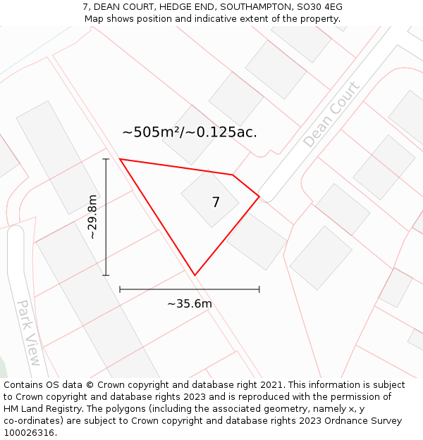 7, DEAN COURT, HEDGE END, SOUTHAMPTON, SO30 4EG: Plot and title map