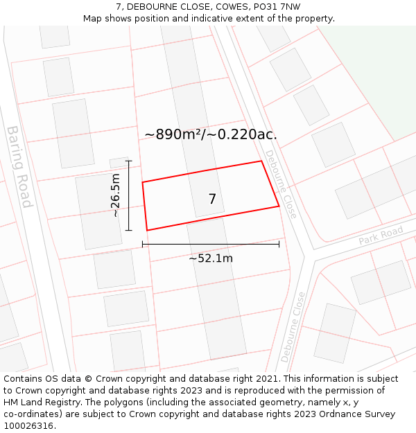 7, DEBOURNE CLOSE, COWES, PO31 7NW: Plot and title map