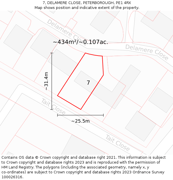 7, DELAMERE CLOSE, PETERBOROUGH, PE1 4RX: Plot and title map