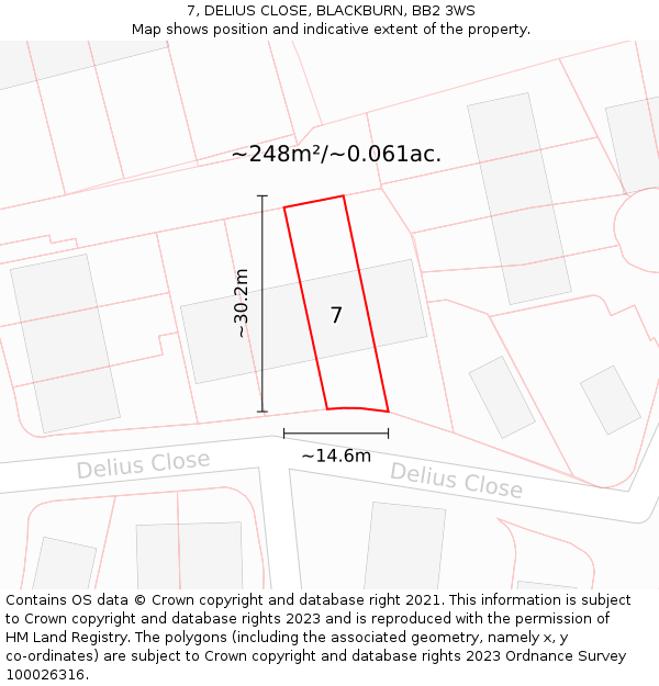 7, DELIUS CLOSE, BLACKBURN, BB2 3WS: Plot and title map