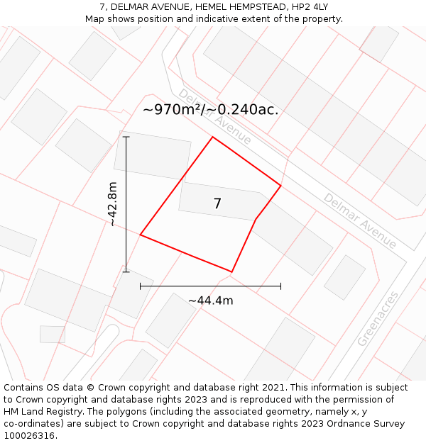 7, DELMAR AVENUE, HEMEL HEMPSTEAD, HP2 4LY: Plot and title map