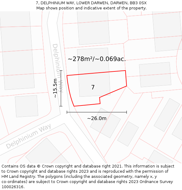 7, DELPHINIUM WAY, LOWER DARWEN, DARWEN, BB3 0SX: Plot and title map