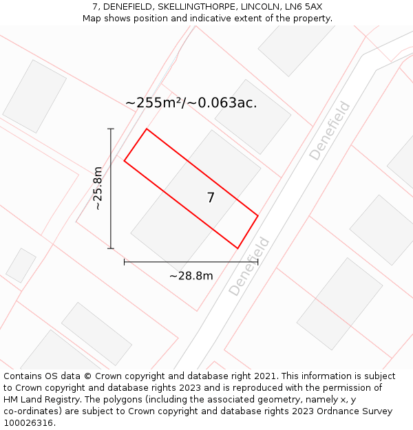 7, DENEFIELD, SKELLINGTHORPE, LINCOLN, LN6 5AX: Plot and title map