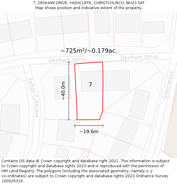 7, DENHAM DRIVE, HIGHCLIFFE, CHRISTCHURCH, BH23 5AT: Plot and title map