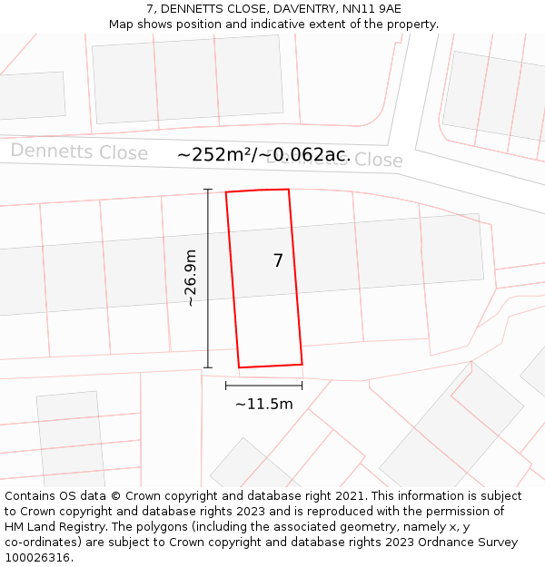7, DENNETTS CLOSE, DAVENTRY, NN11 9AE: Plot and title map