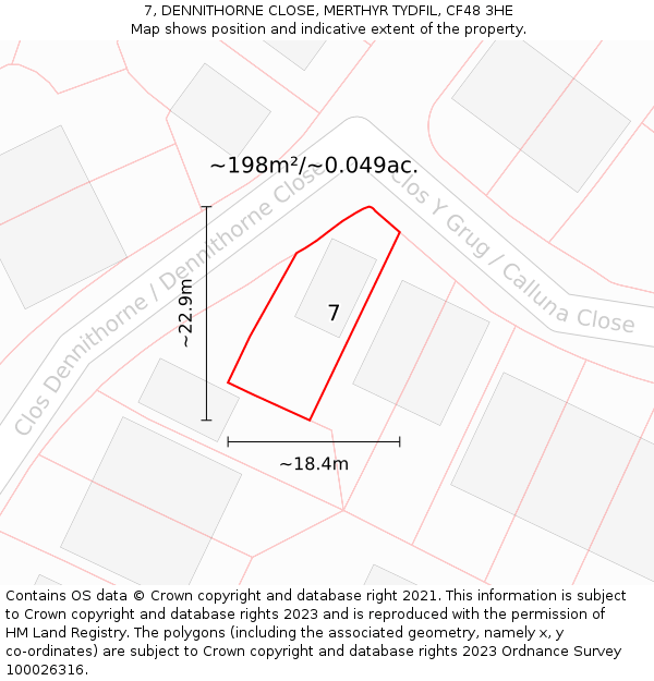 7, DENNITHORNE CLOSE, MERTHYR TYDFIL, CF48 3HE: Plot and title map