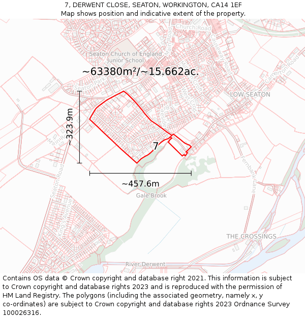 7, DERWENT CLOSE, SEATON, WORKINGTON, CA14 1EF: Plot and title map