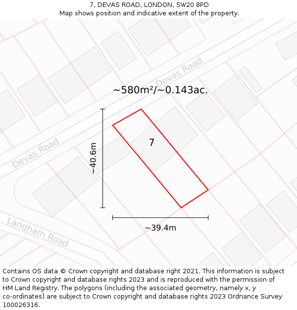 7, DEVAS ROAD, LONDON, SW20 8PD: Plot and title map