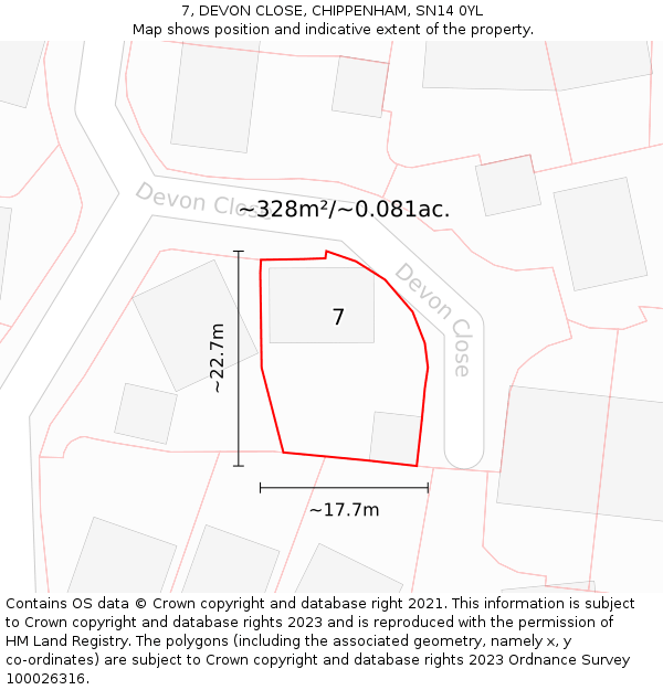7, DEVON CLOSE, CHIPPENHAM, SN14 0YL: Plot and title map