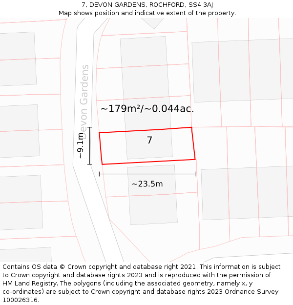 7, DEVON GARDENS, ROCHFORD, SS4 3AJ: Plot and title map