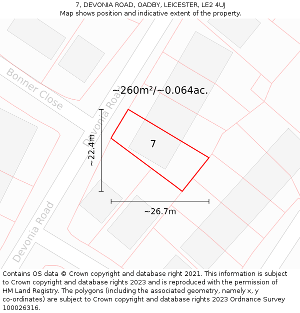 7, DEVONIA ROAD, OADBY, LEICESTER, LE2 4UJ: Plot and title map
