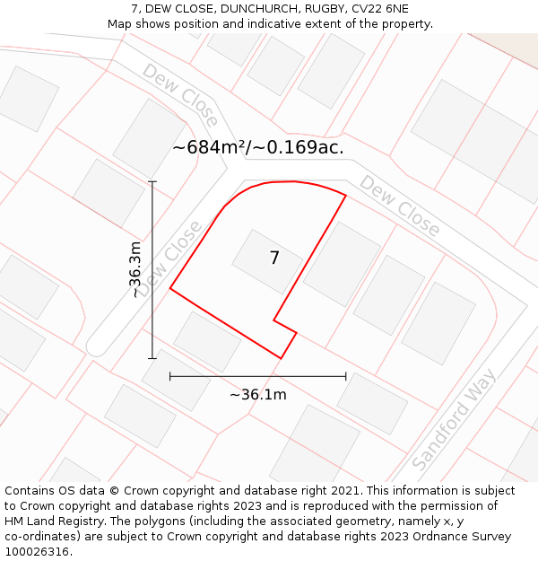 7, DEW CLOSE, DUNCHURCH, RUGBY, CV22 6NE: Plot and title map
