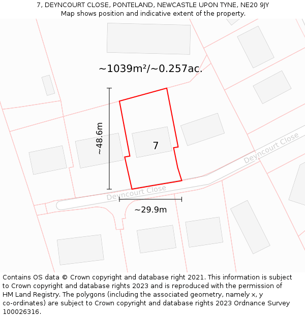 7, DEYNCOURT CLOSE, PONTELAND, NEWCASTLE UPON TYNE, NE20 9JY: Plot and title map