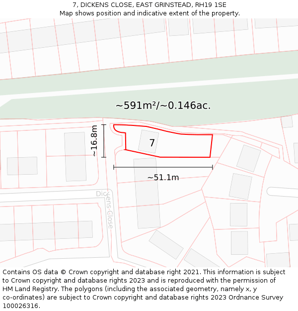 7, DICKENS CLOSE, EAST GRINSTEAD, RH19 1SE: Plot and title map