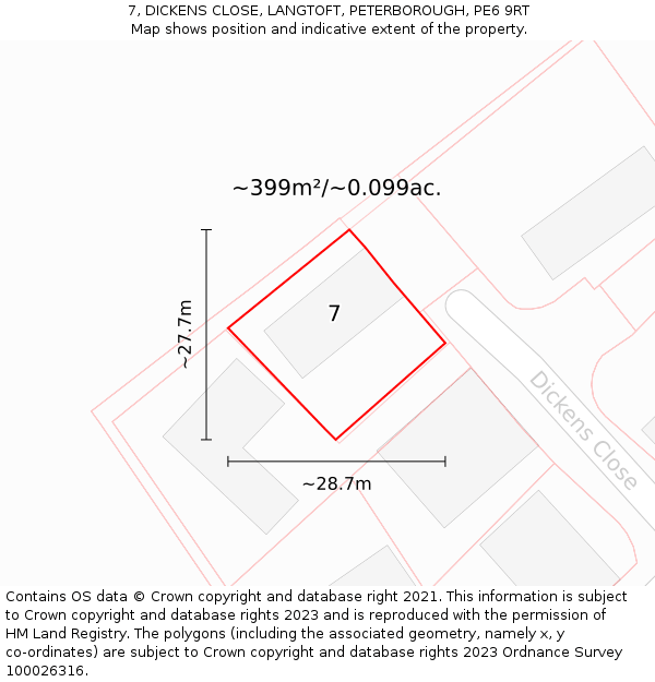 7, DICKENS CLOSE, LANGTOFT, PETERBOROUGH, PE6 9RT: Plot and title map