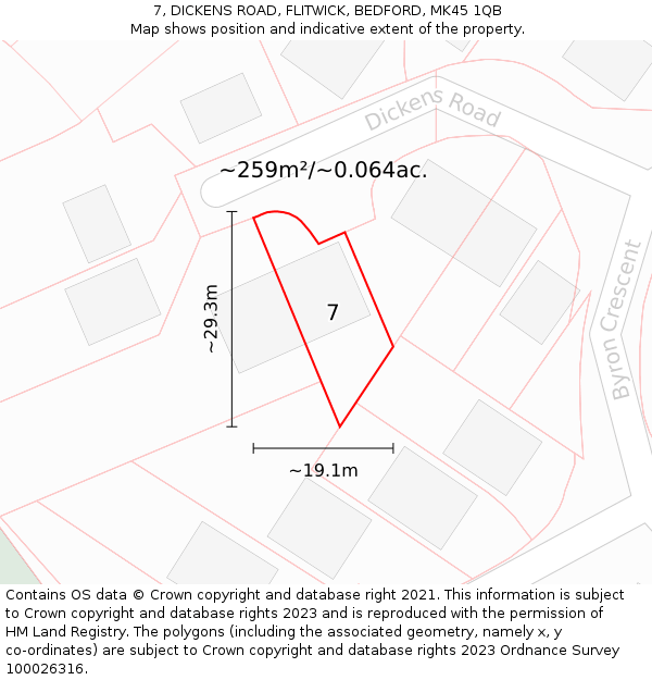 7, DICKENS ROAD, FLITWICK, BEDFORD, MK45 1QB: Plot and title map