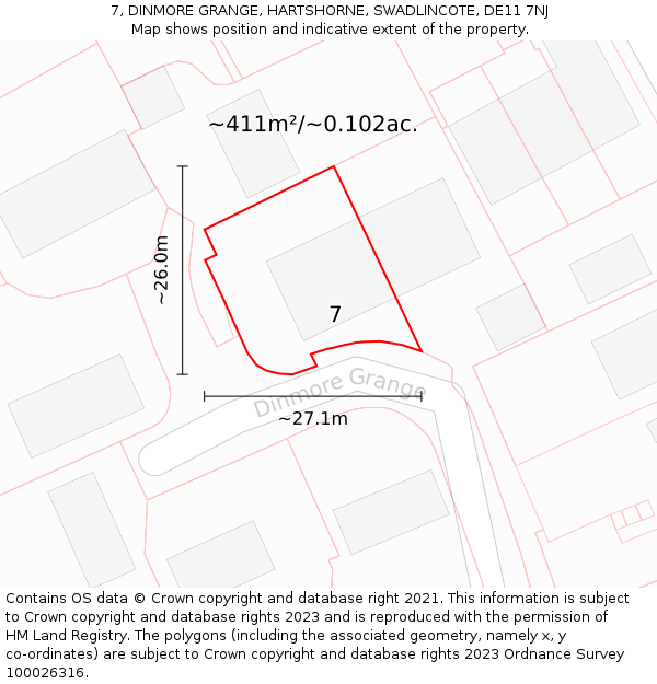 7, DINMORE GRANGE, HARTSHORNE, SWADLINCOTE, DE11 7NJ: Plot and title map
