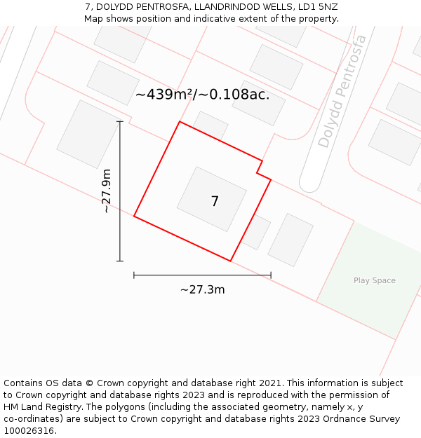 7, DOLYDD PENTROSFA, LLANDRINDOD WELLS, LD1 5NZ: Plot and title map