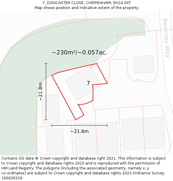 7, DONCASTER CLOSE, CHIPPENHAM, SN14 0XT: Plot and title map