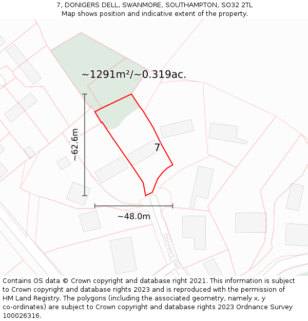 7, DONIGERS DELL, SWANMORE, SOUTHAMPTON, SO32 2TL: Plot and title map