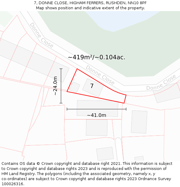 7, DONNE CLOSE, HIGHAM FERRERS, RUSHDEN, NN10 8PF: Plot and title map