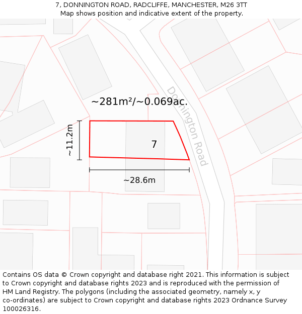 7, DONNINGTON ROAD, RADCLIFFE, MANCHESTER, M26 3TT: Plot and title map