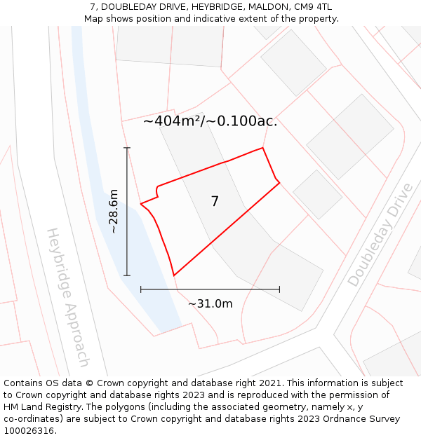 7, DOUBLEDAY DRIVE, HEYBRIDGE, MALDON, CM9 4TL: Plot and title map