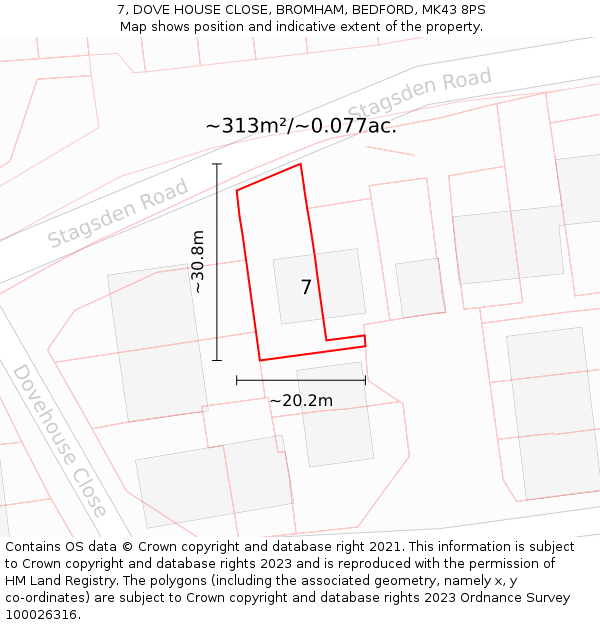 7, DOVE HOUSE CLOSE, BROMHAM, BEDFORD, MK43 8PS: Plot and title map