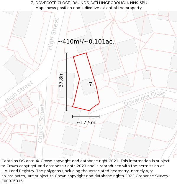 7, DOVECOTE CLOSE, RAUNDS, WELLINGBOROUGH, NN9 6RU: Plot and title map