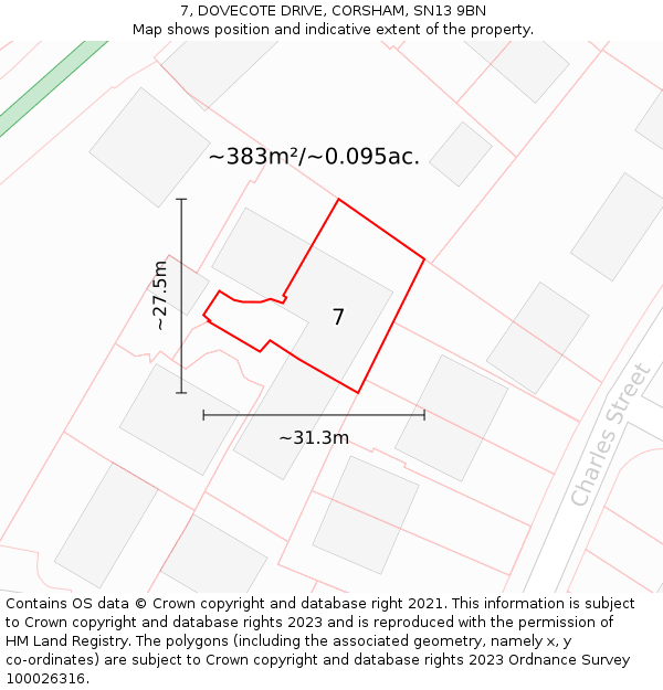 7, DOVECOTE DRIVE, CORSHAM, SN13 9BN: Plot and title map