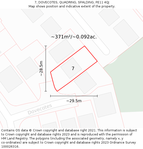 7, DOVECOTES, QUADRING, SPALDING, PE11 4QJ: Plot and title map