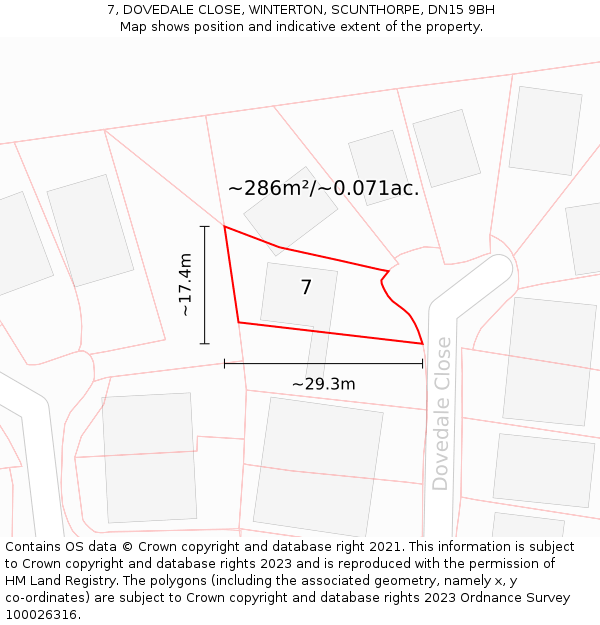 7, DOVEDALE CLOSE, WINTERTON, SCUNTHORPE, DN15 9BH: Plot and title map