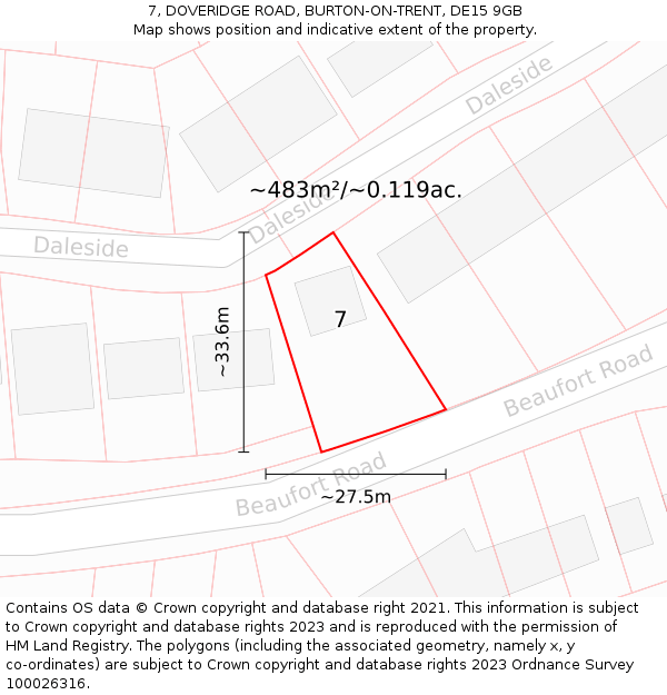 7, DOVERIDGE ROAD, BURTON-ON-TRENT, DE15 9GB: Plot and title map