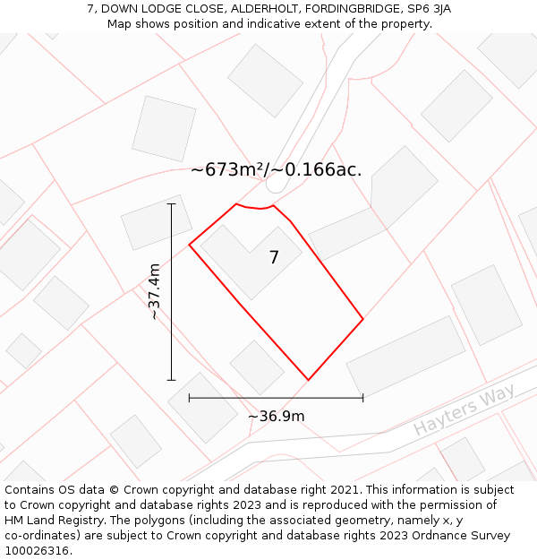 7, DOWN LODGE CLOSE, ALDERHOLT, FORDINGBRIDGE, SP6 3JA: Plot and title map