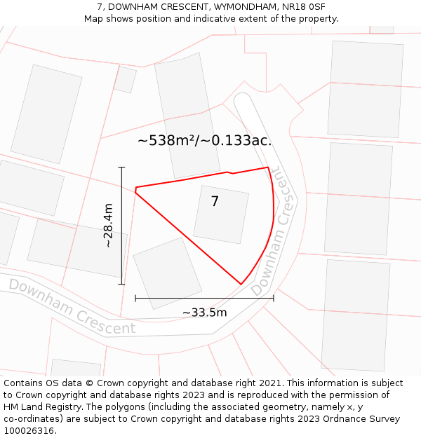 7, DOWNHAM CRESCENT, WYMONDHAM, NR18 0SF: Plot and title map