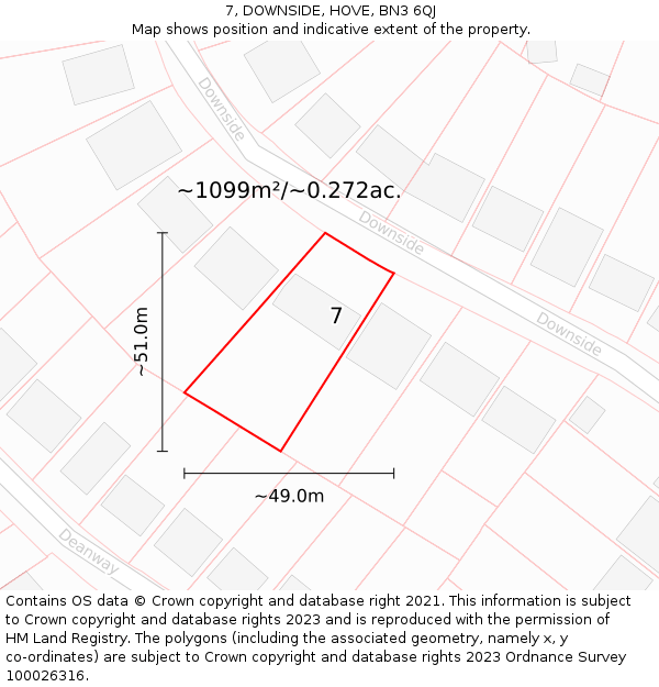 7, DOWNSIDE, HOVE, BN3 6QJ: Plot and title map