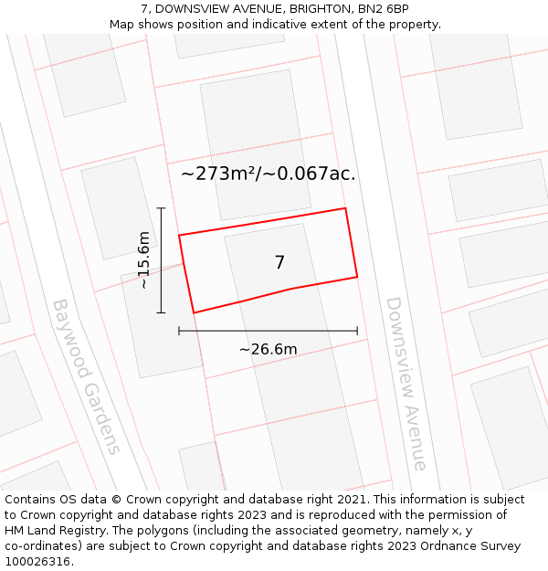 7, DOWNSVIEW AVENUE, BRIGHTON, BN2 6BP: Plot and title map