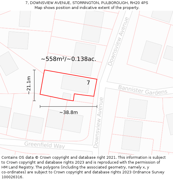 7, DOWNSVIEW AVENUE, STORRINGTON, PULBOROUGH, RH20 4PS: Plot and title map