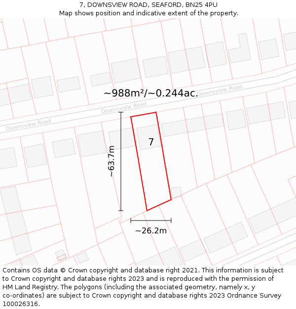 7, DOWNSVIEW ROAD, SEAFORD, BN25 4PU: Plot and title map