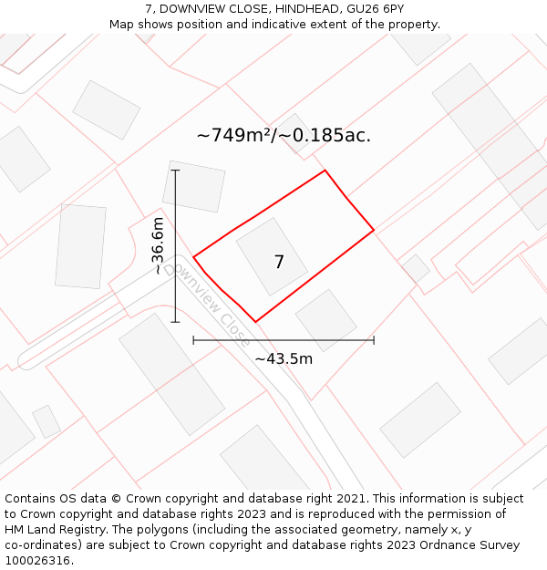 7, DOWNVIEW CLOSE, HINDHEAD, GU26 6PY: Plot and title map