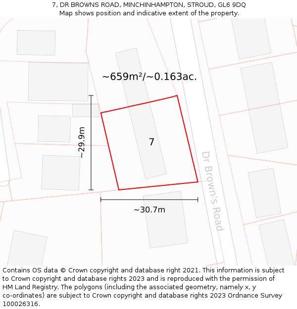 7, DR BROWNS ROAD, MINCHINHAMPTON, STROUD, GL6 9DQ: Plot and title map