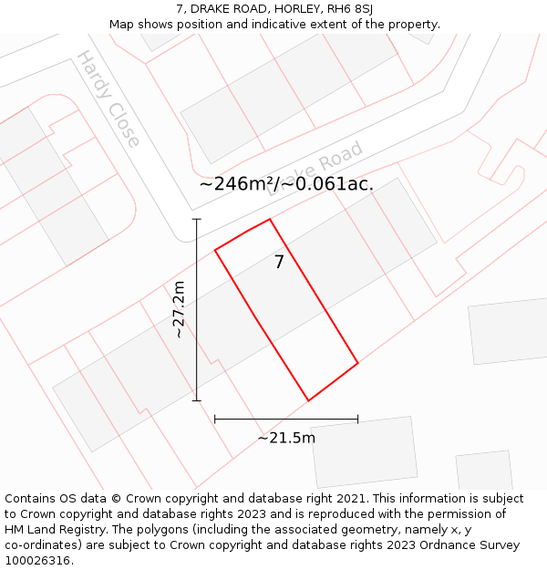 7, DRAKE ROAD, HORLEY, RH6 8SJ: Plot and title map