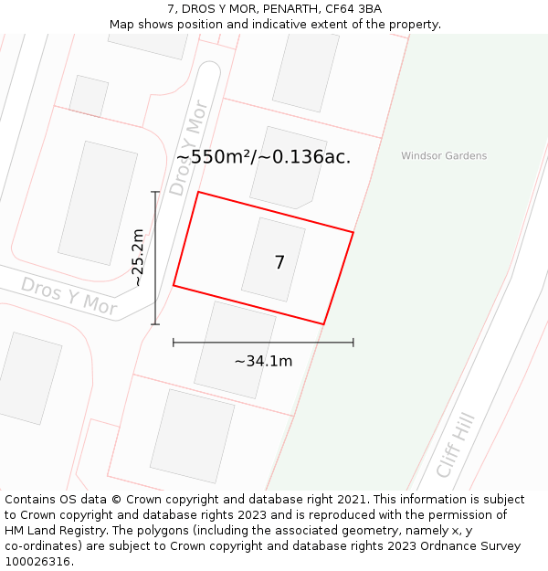 7, DROS Y MOR, PENARTH, CF64 3BA: Plot and title map